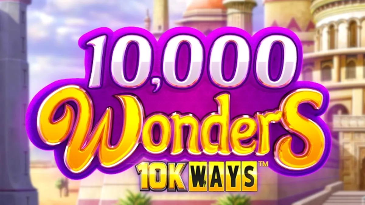 Cena temática do slot 10,000 Wonders 10K Ways com elementos visuais dourados.